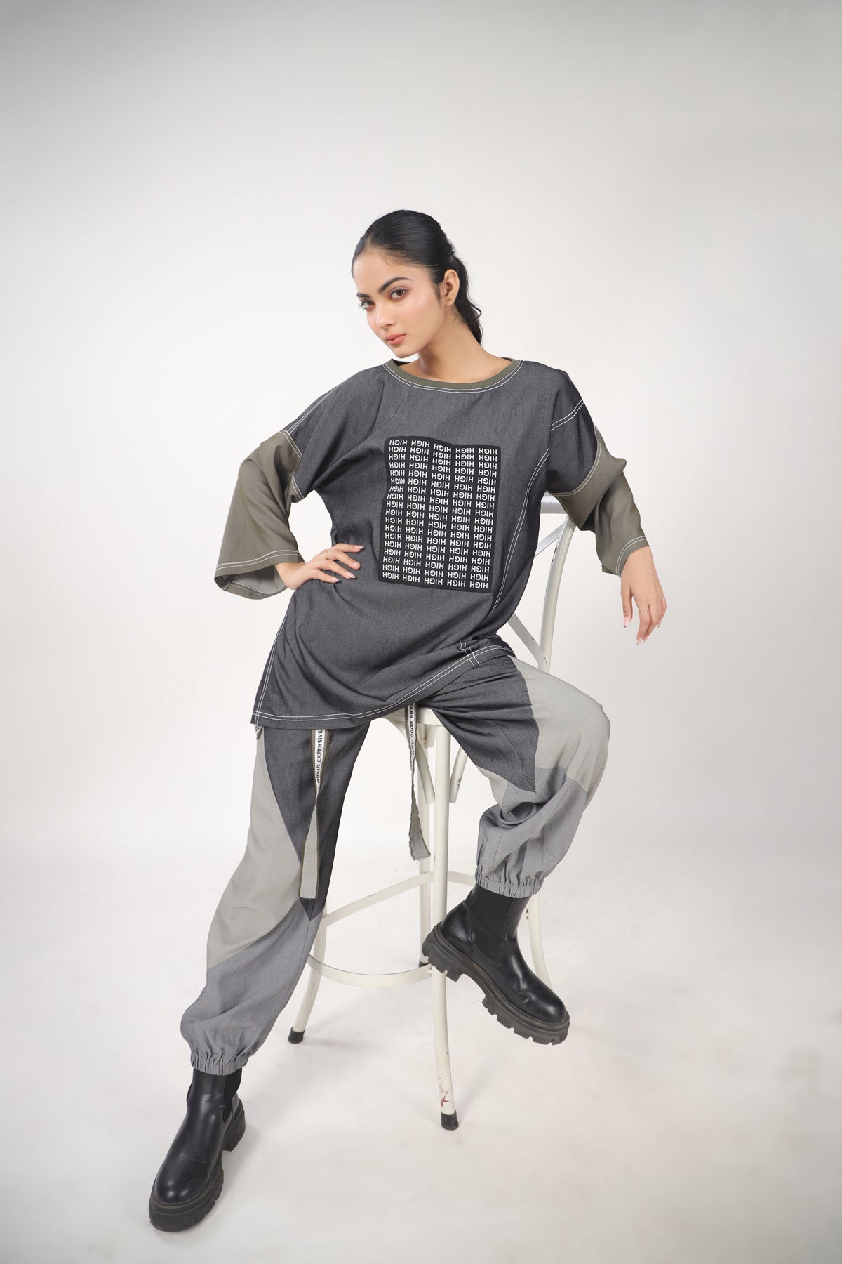 Olive Track Pants and Charcoal High Tee Set