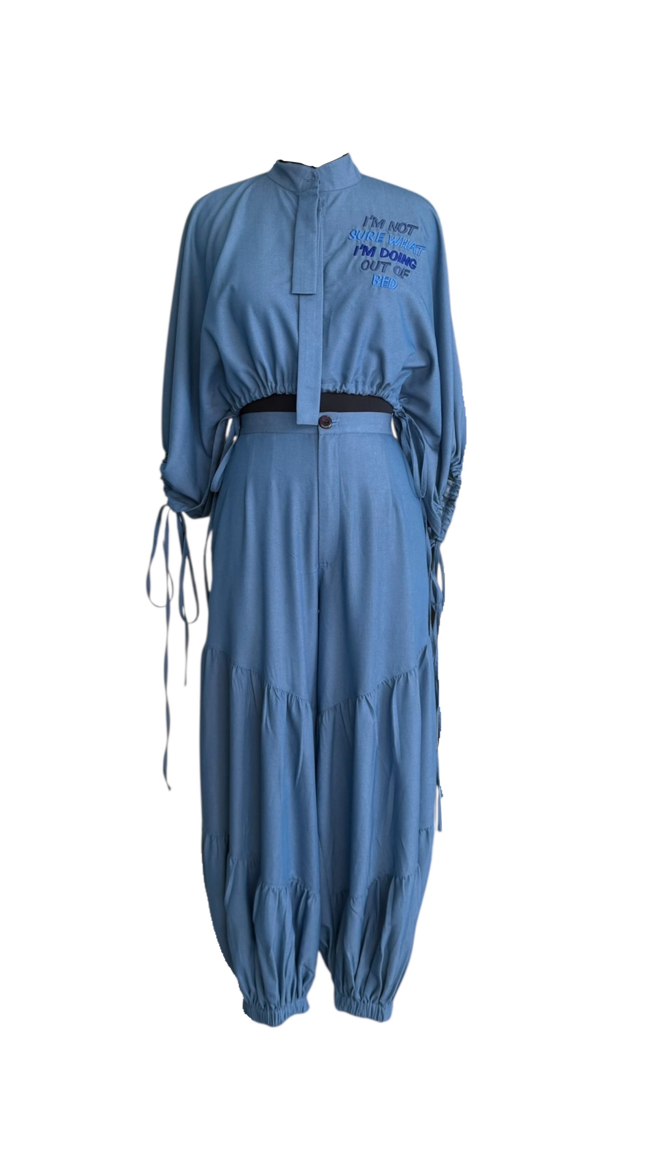 Kaftan crop top and Denim tiered pants