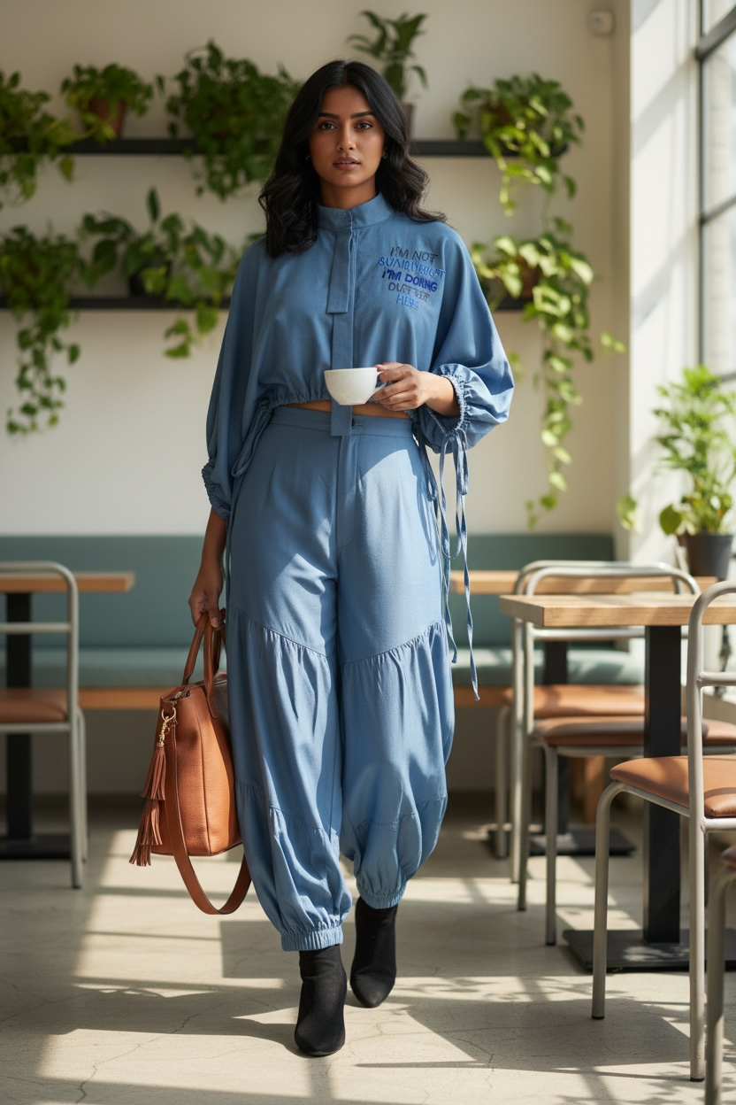 Kaftan crop top and Denim tiered pants