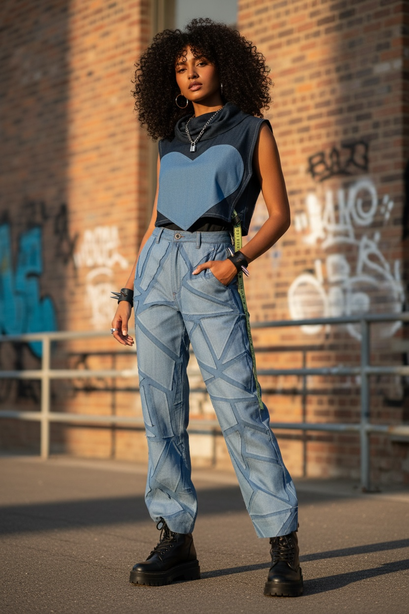 3D Patch Pants and heart bib top