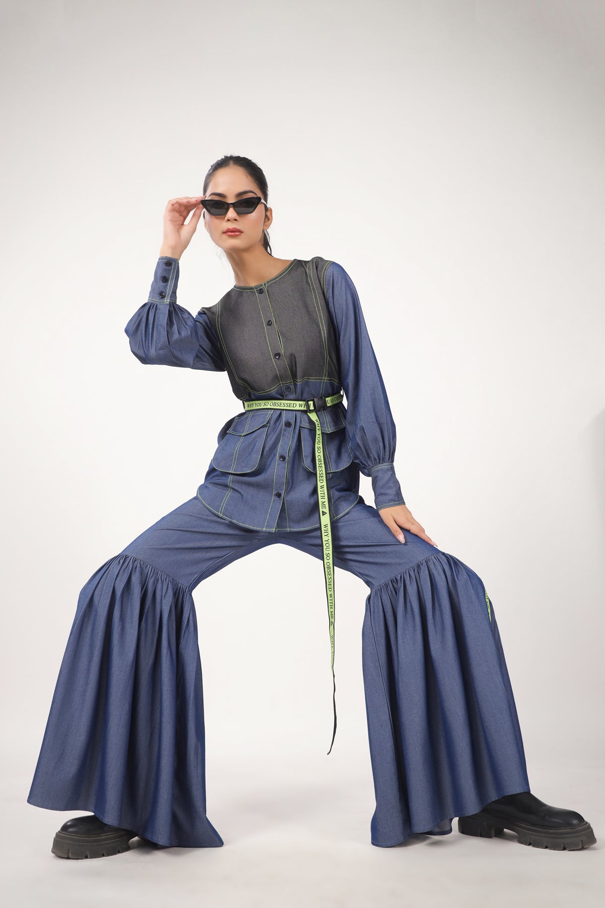 Obsessed Top with belt and Denim Sharara