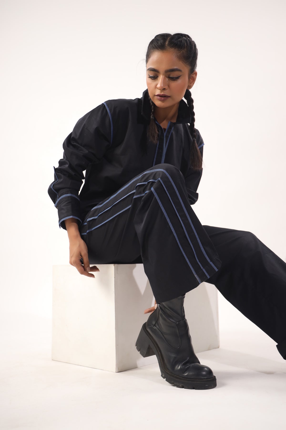 Black pants with denim piping