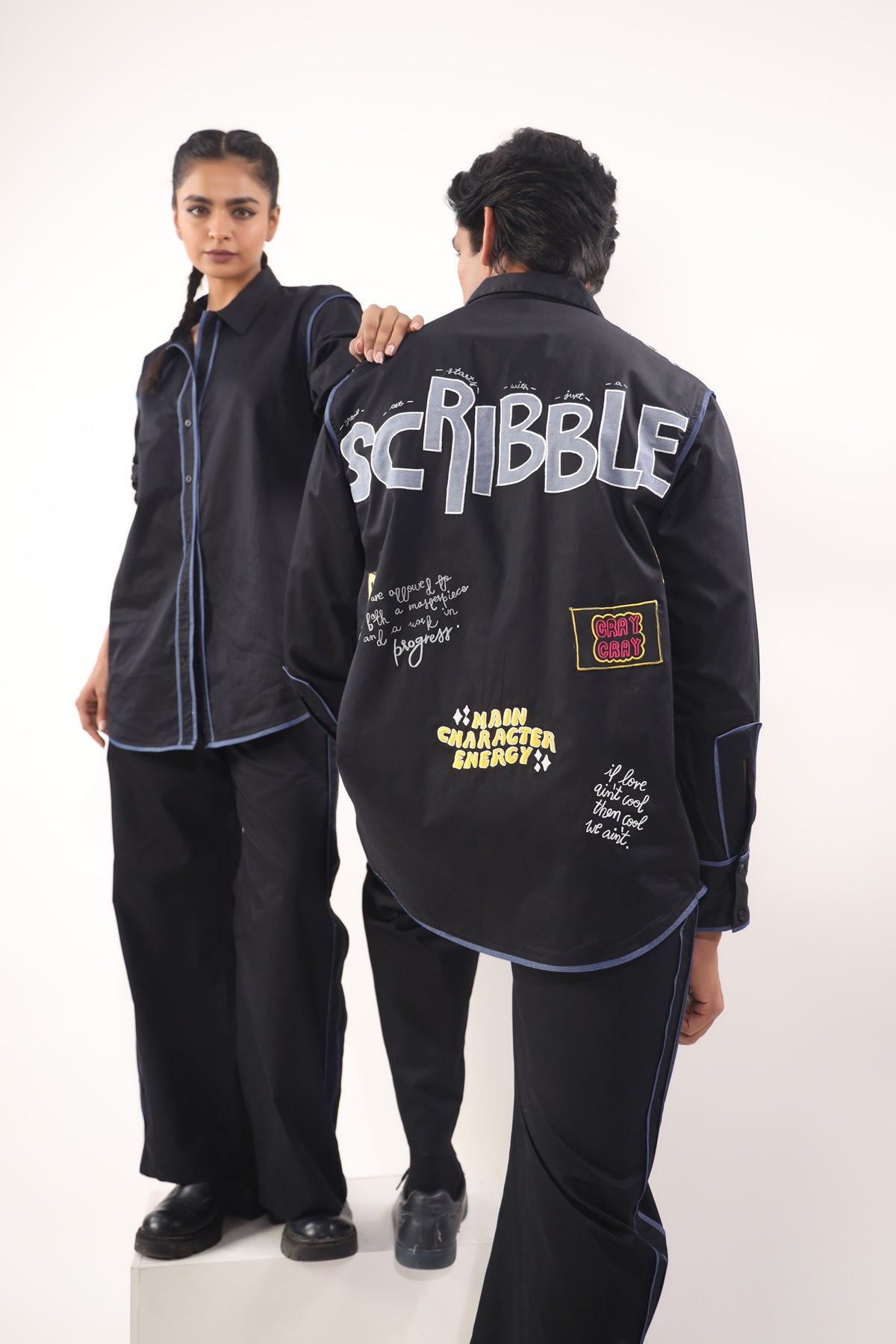 Black pants with denim piping