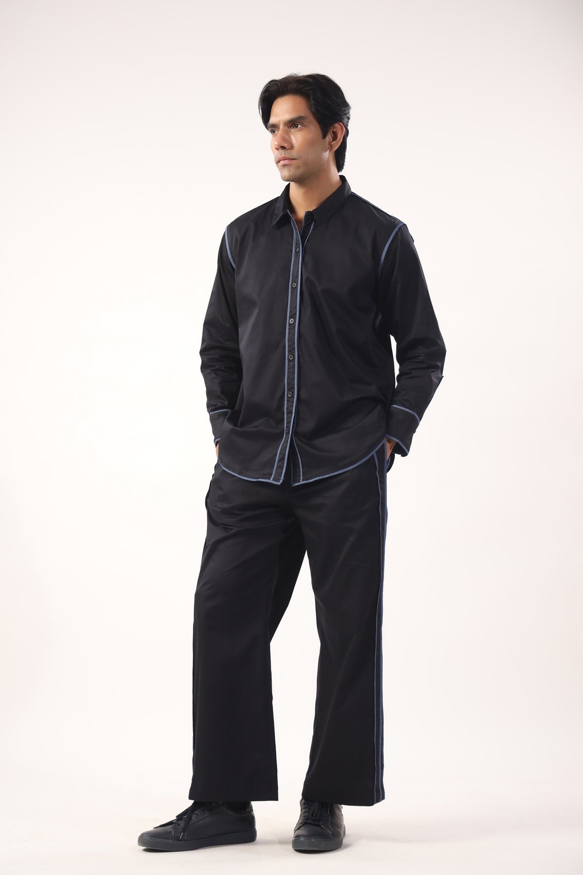 Black pants with denim piping