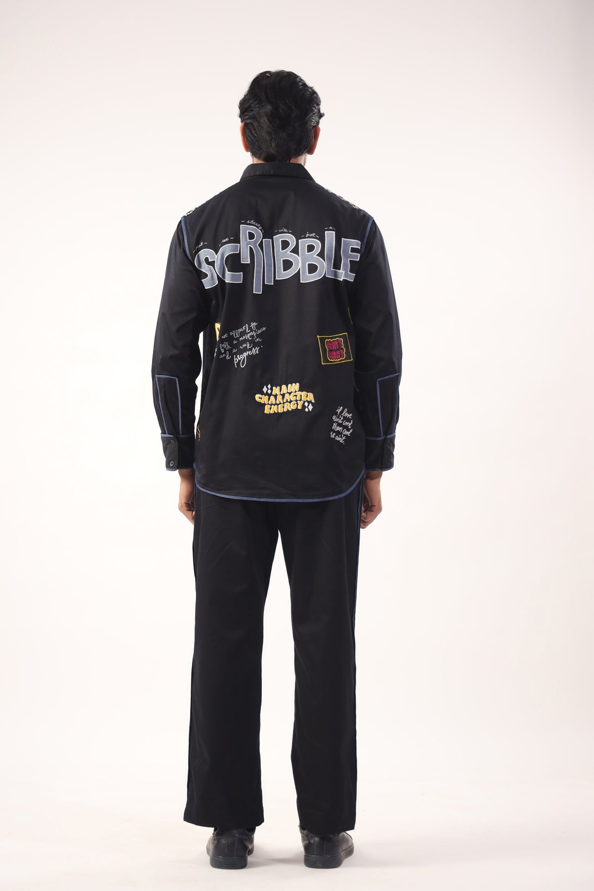 Black pants with denim piping