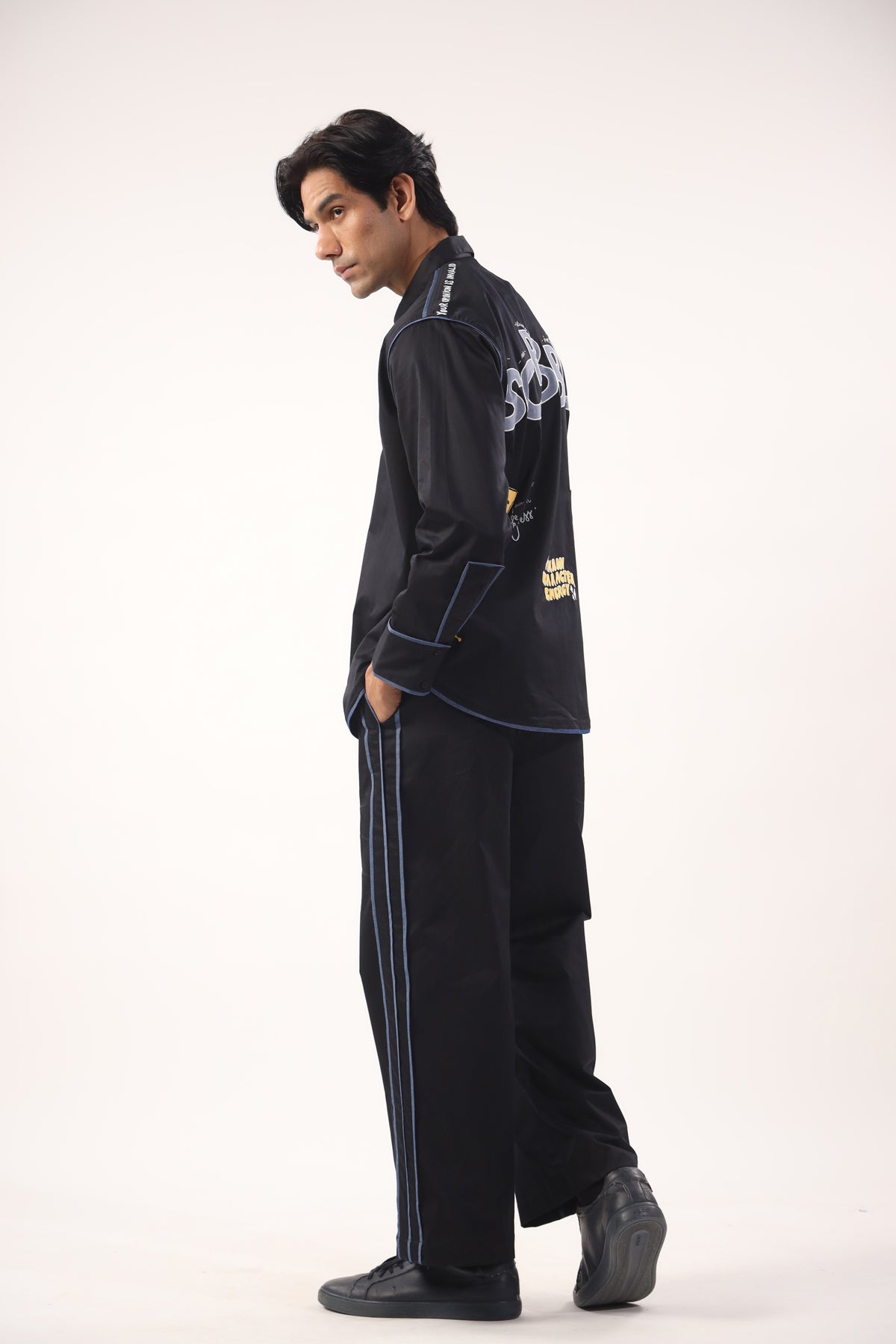 Black pants with denim piping