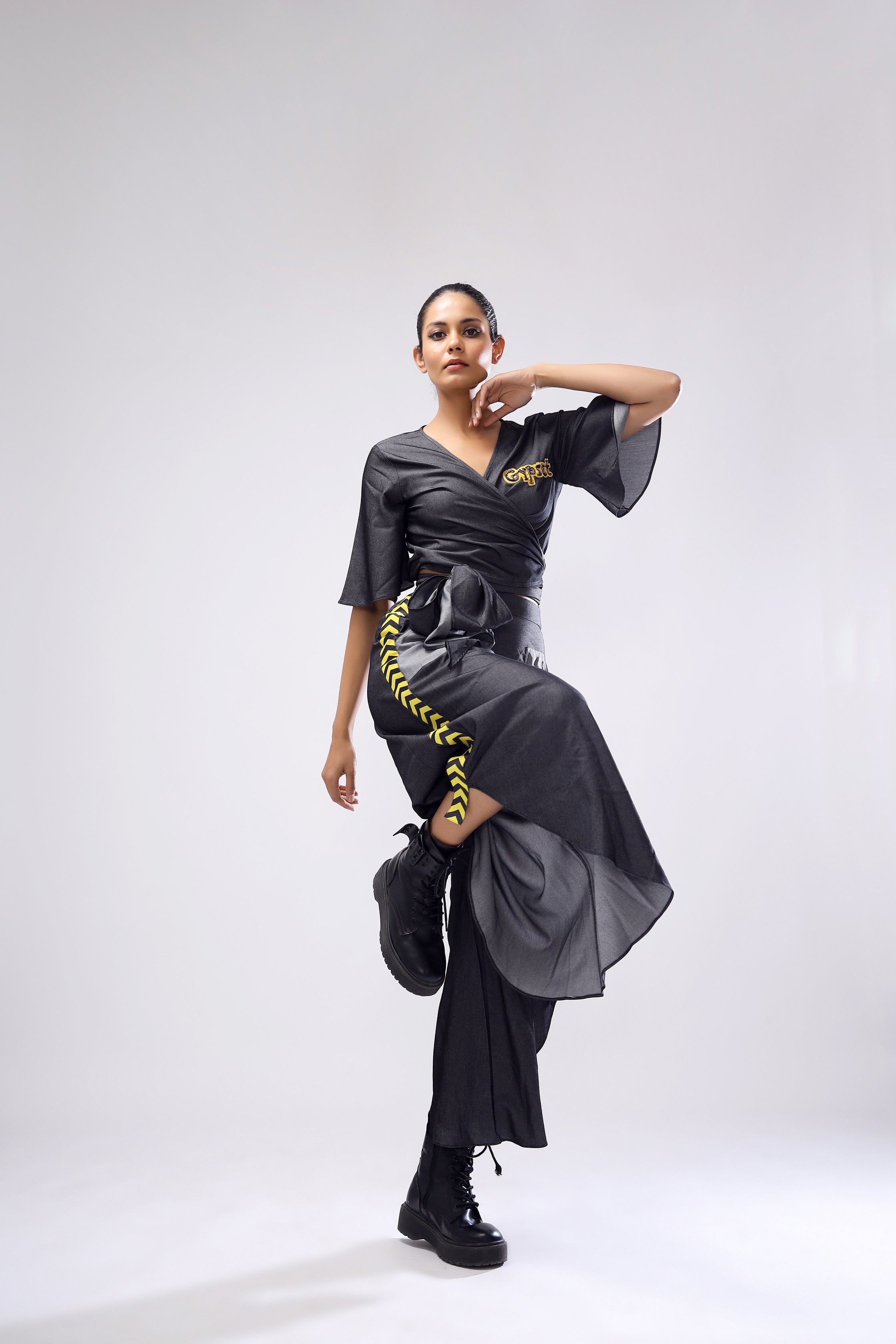 Charcoal Wrap Top With Flair Pants Set