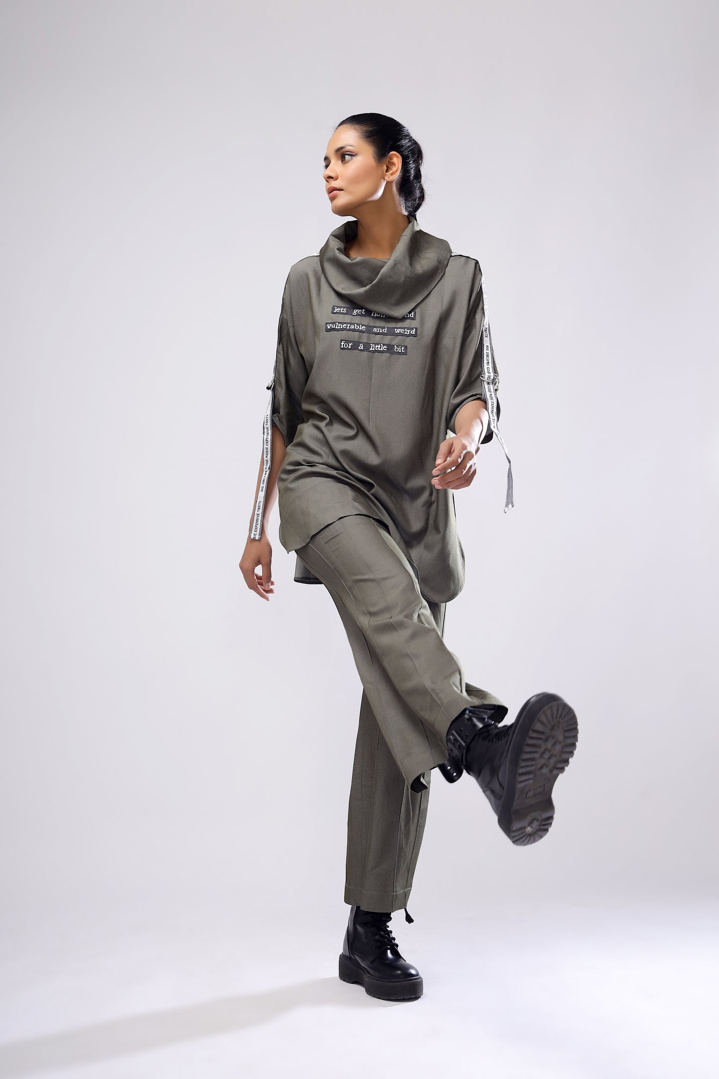 Olive Flair Pant And Cowl Top Set