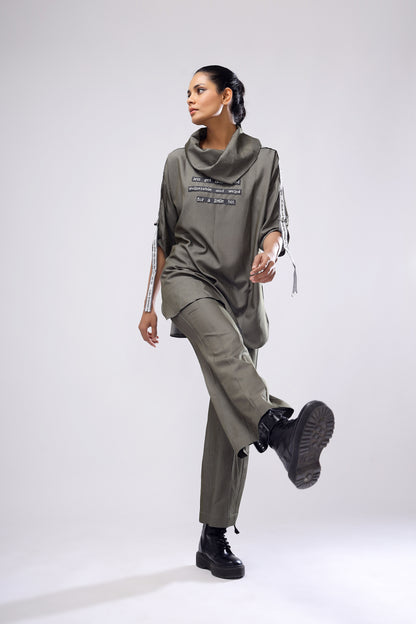 Olive Flair Pant And Cowl Top Set