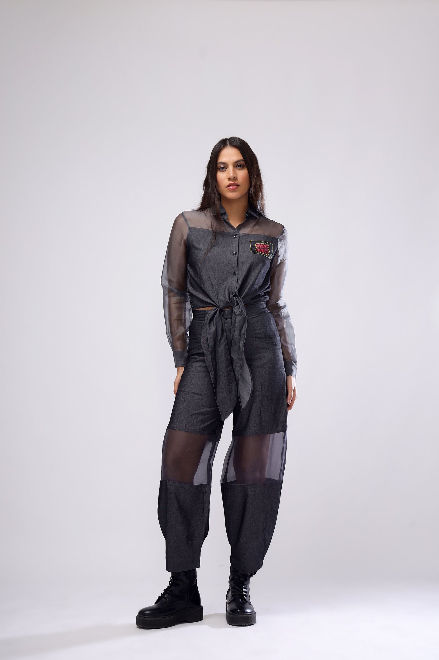 Organza Tie Up Shirt With Baggy Pants With Organza