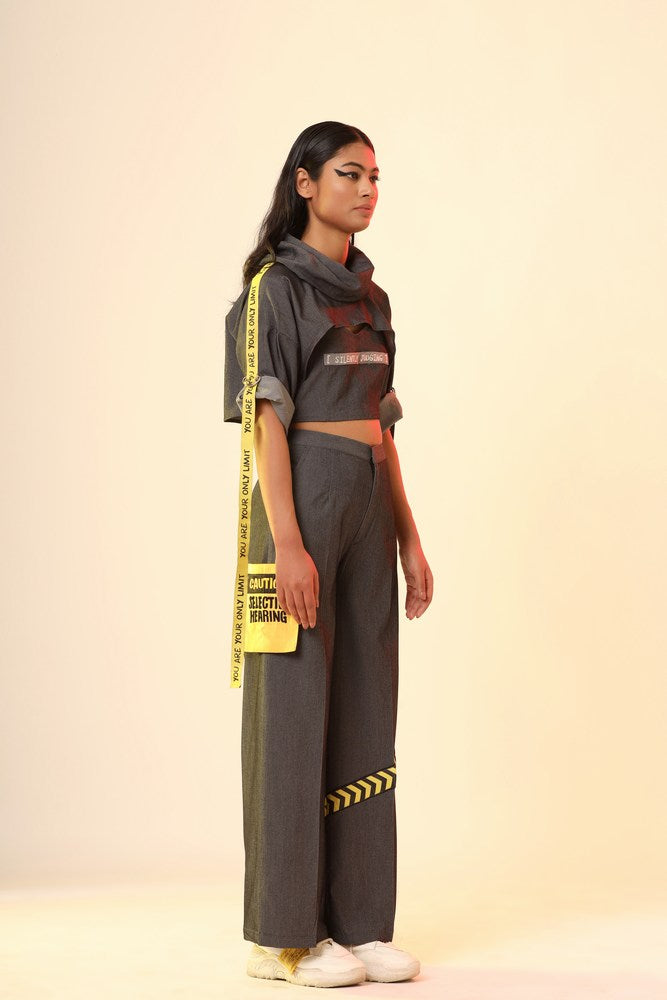 Black Cowl Crop Top And Caution Straight Pant Set
