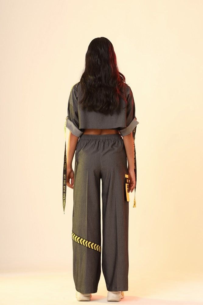 Black Cowl Crop Top And Caution Straight Pant Set
