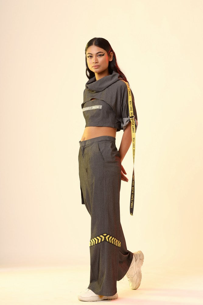 Black Cowl Crop Top And Caution Straight Pant Set