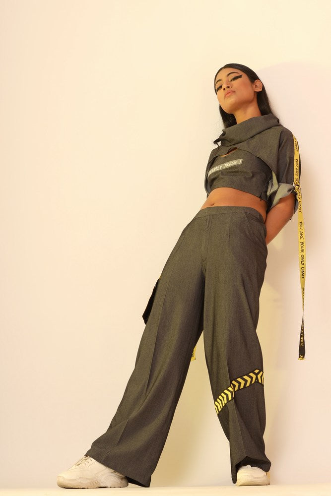 Black Cowl Crop Top And Caution Straight Pant Set