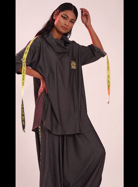 Black harem pant with yellow black side tape 