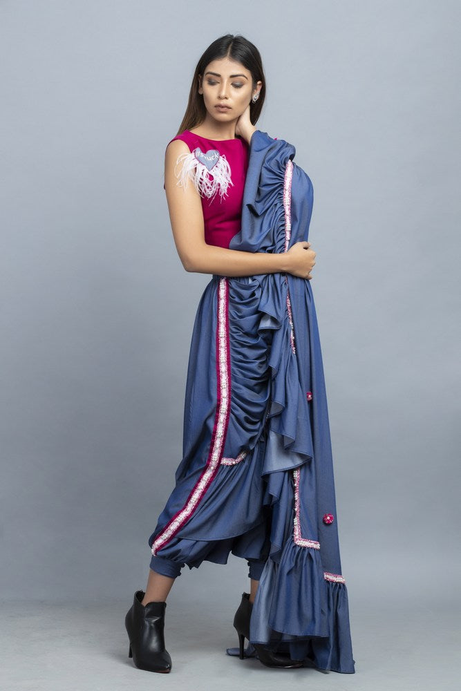 Ruffles Sari With Crop Top