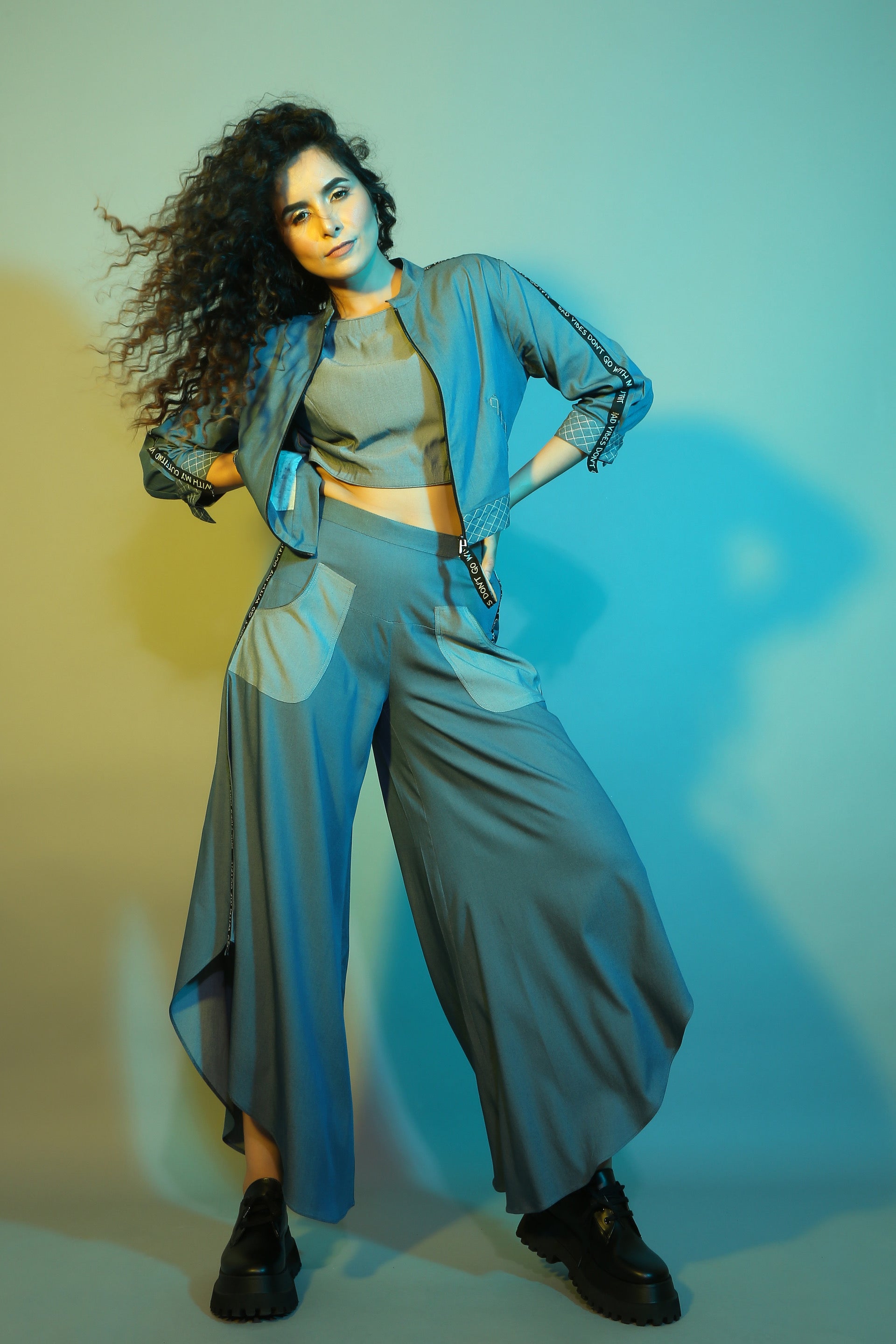 Flare Pant Crop Top And Jacket Set