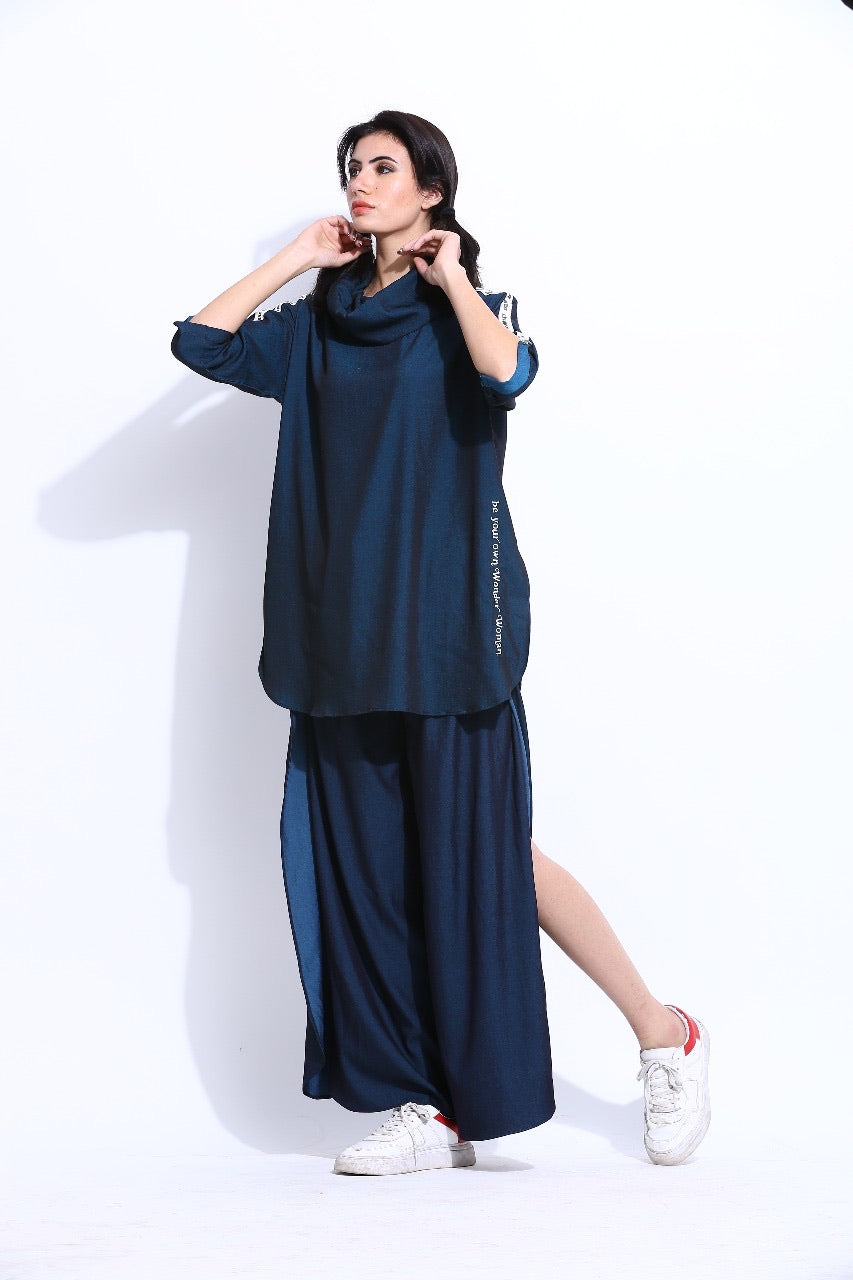 W Cowl Top And Tie Up Pants